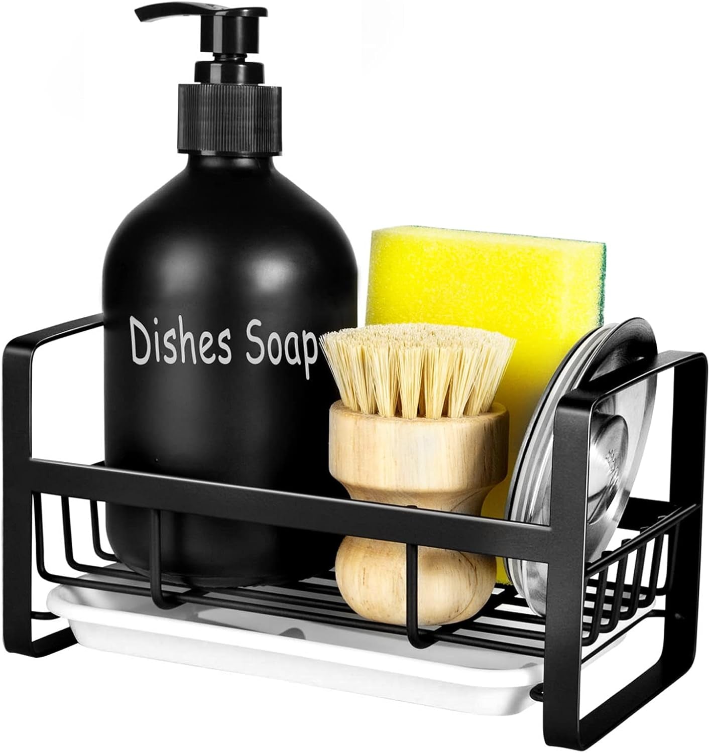 Sponge Holder for Kitchen Sink- Stainless Steel Kitchen Sink Caddy for Organizing Sponge, Brush & Soap Dish Dispenser, Kitchen Sink Organizer Rack with Adhesive or Counter Top, Black