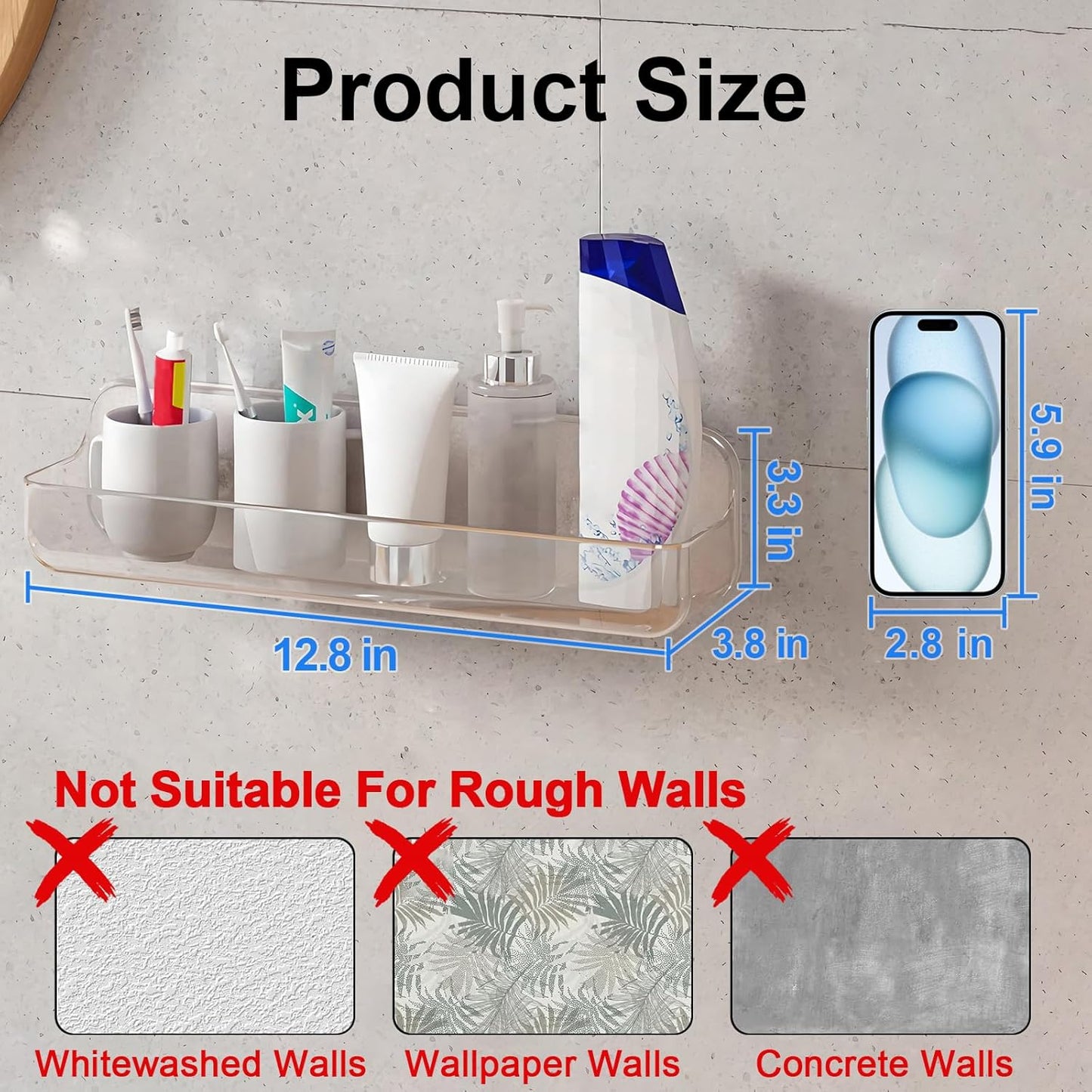 Acrylic Wall Mounted Shower Caddy, Clear, 12.4" X 3.42" X 3.26" Acrylic Shelf, No Drilling Hang Walls Adhesive Shelf, Acrylic Bathroom Shelves with Self Adhesive Tape for Bathroom, Kitchen