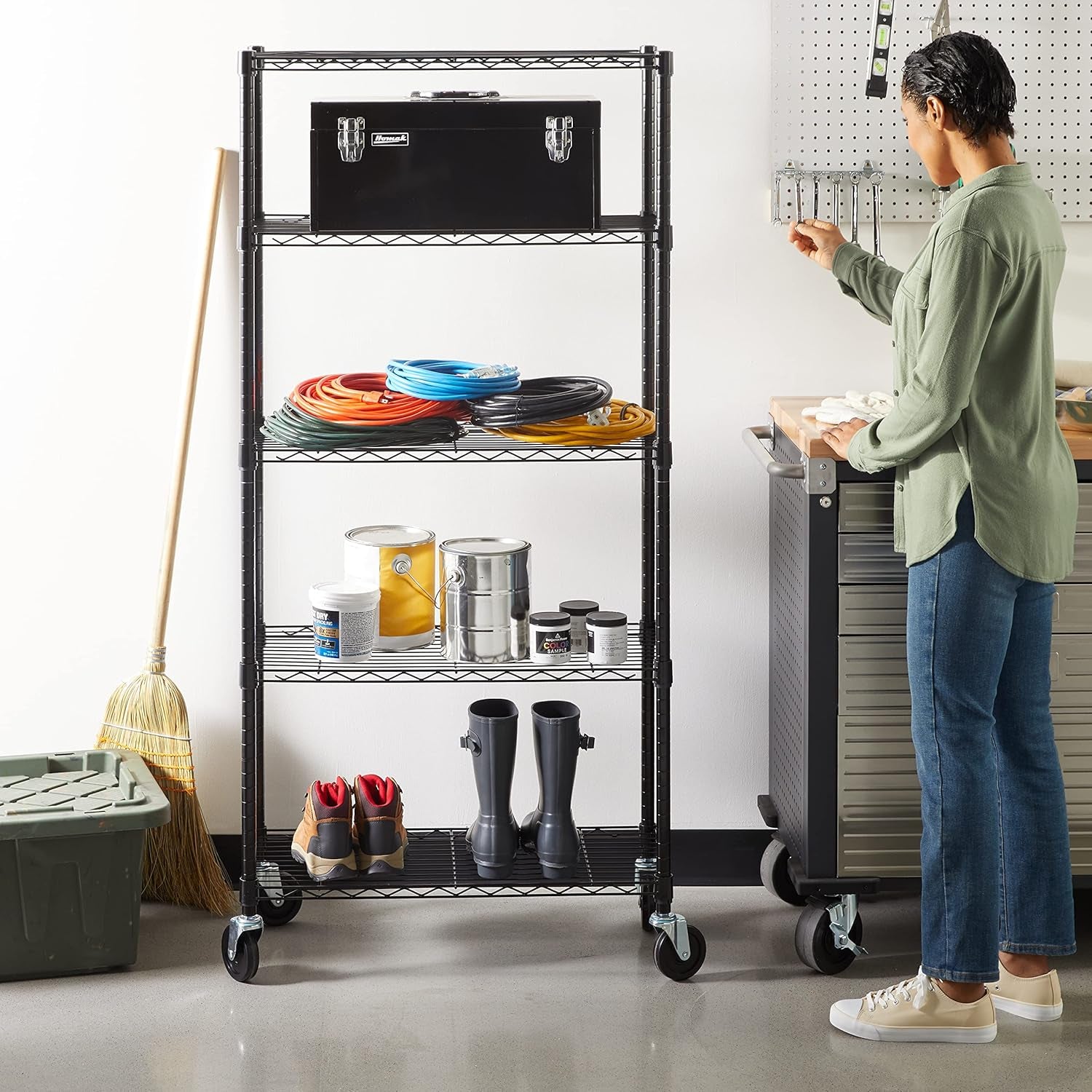 5-Shelf Adjustable, Heavy Duty Storage Shelving Unit on 10Cm Wheel Casters, Metal Organizer Wire Rack, Black (76L X 36W X 164H) Cm
