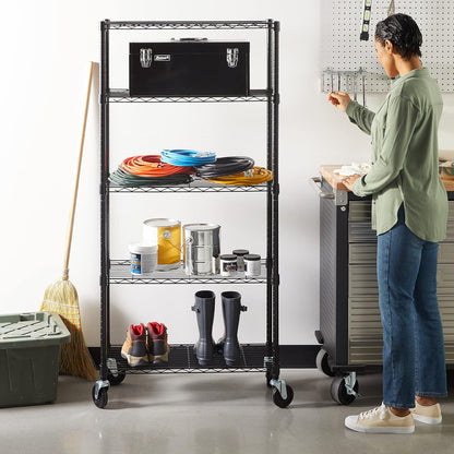 5-Shelf Adjustable, Heavy Duty Storage Shelving Unit on 10Cm Wheel Casters, Metal Organizer Wire Rack, Black (76L X 36W X 164H) Cm