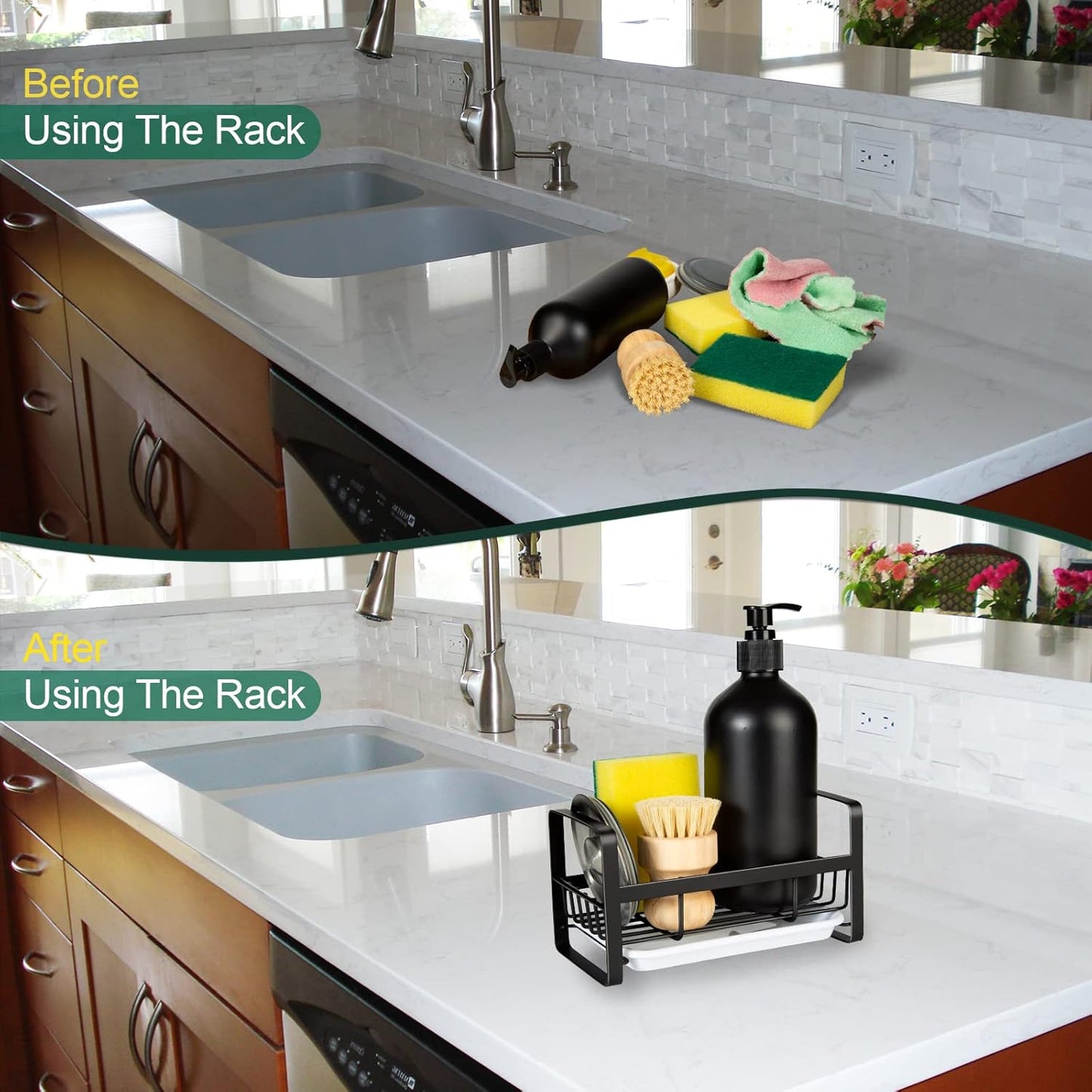 Sponge Holder for Kitchen Sink- Stainless Steel Kitchen Sink Caddy for Organizing Sponge, Brush & Soap Dish Dispenser, Kitchen Sink Organizer Rack with Adhesive or Counter Top, Black