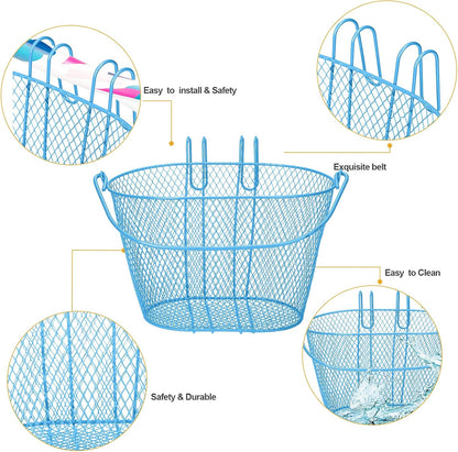 Kid'S Bicycle Basket Streamers Set, Children'S Bike Wire Mesh Basket with 2 Pieces Colorful Bike Streamers, Bell and 30 Pieces Stickers, Bicycle Decoration Accessories for Boys and Girls