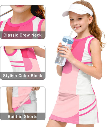 Girls Tennis Golf Outfit Tank Top and Skirt with Shorts Set 4-12 Years