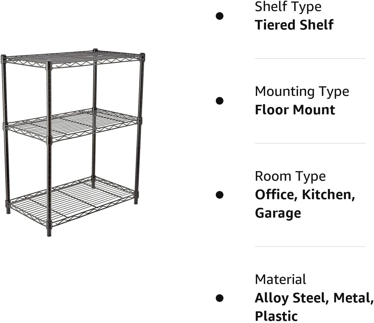 3-Shelf Adjustable, Heavy Duty Storage Shelving Unit (113 Kilograms Loading Capacity per Shelf), Steel Organizer Wire Rack, Black (59 X 34 X 76, Lxwxh) Cm