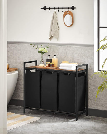 Laundry Hamper, Laundry Basket, Laundry Sorter with 3 Pull-Out and Removable Bags, Shelf, Metal Frame, 3 X 10 Gallons (38L), 36.4 X 13 X 28.4 Inches, Rustic Brown and Black UBLH301B01