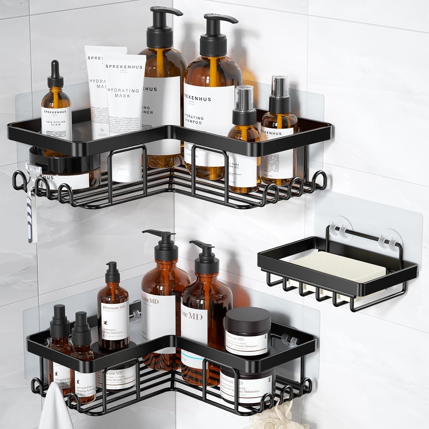 Rustproof black corner shower caddy with adhesive wall mount