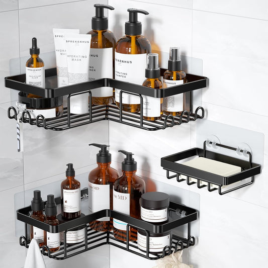 Rustproof black corner shower caddy with adhesive wall mount