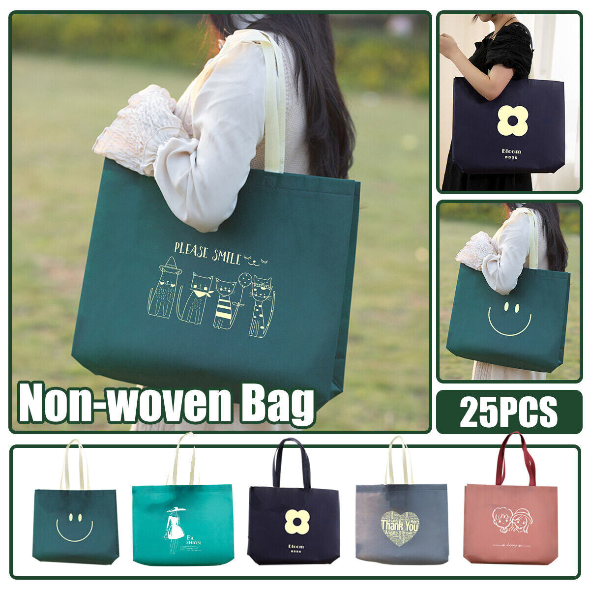 25 Reusable Nonwoven Fabric Shopping Tote Bag Eco Friendly Grocery Bag AU Pack