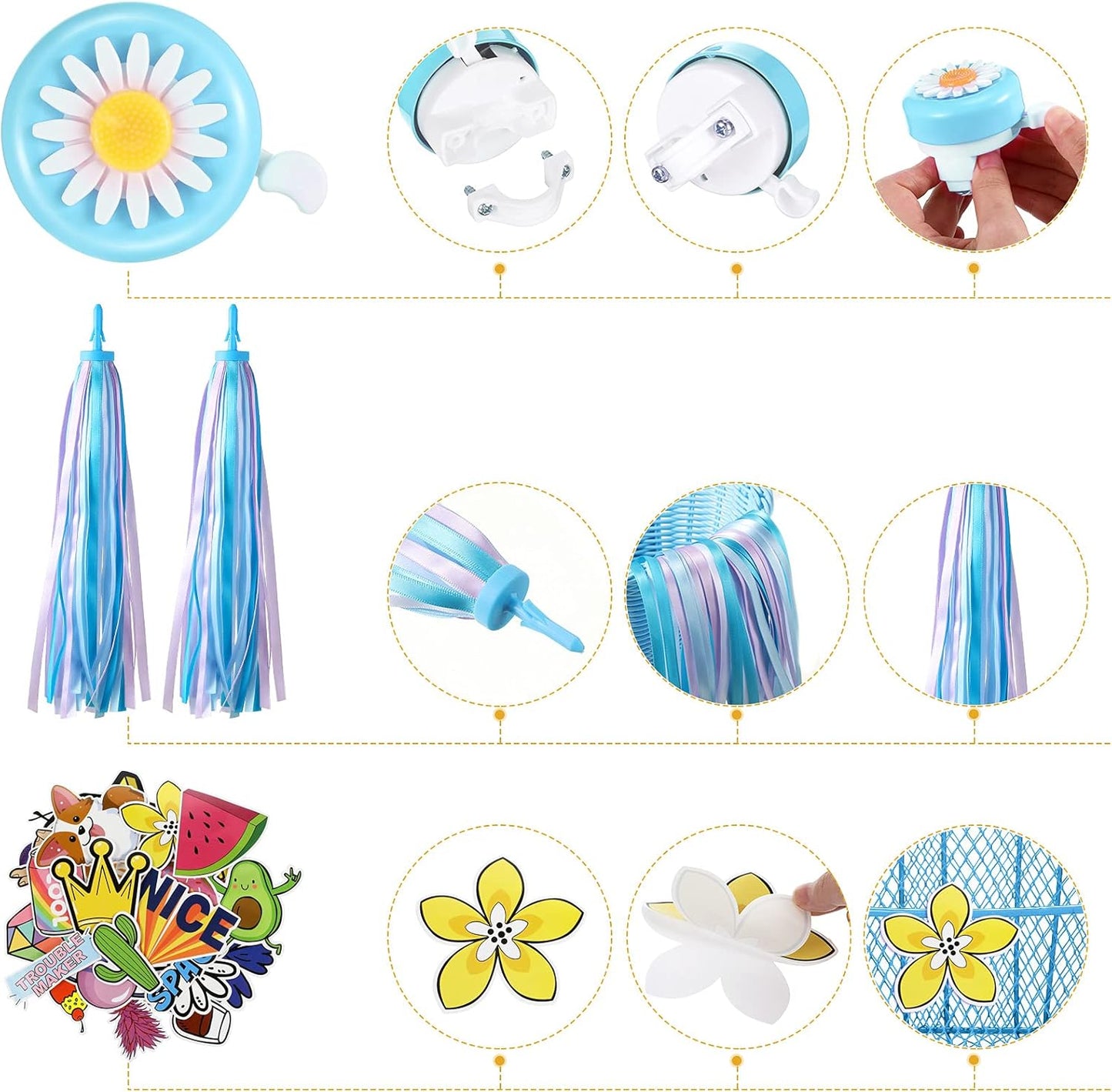 Kid'S Bicycle Basket Streamers Set, Children'S Bike Wire Mesh Basket with 2 Pieces Colorful Bike Streamers, Bell and 30 Pieces Stickers, Bicycle Decoration Accessories for Boys and Girls