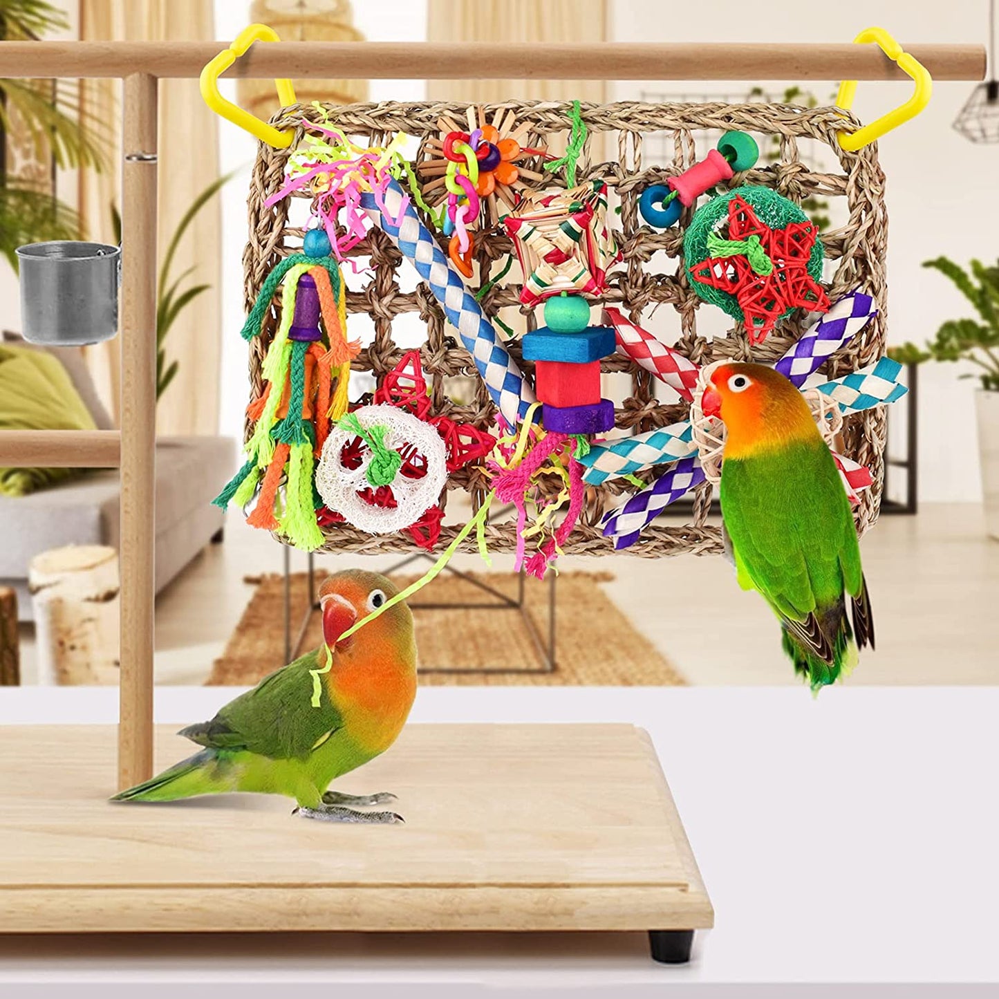 Bird Toys, Bird Foraging Wall Toy, Edible Seagrass Woven Climbing Hammock Mat with Colorful Chewing Toys, Suitable for Lovebirds, Finch, Parakeets, Budgerigars, Conure, Cockatiel