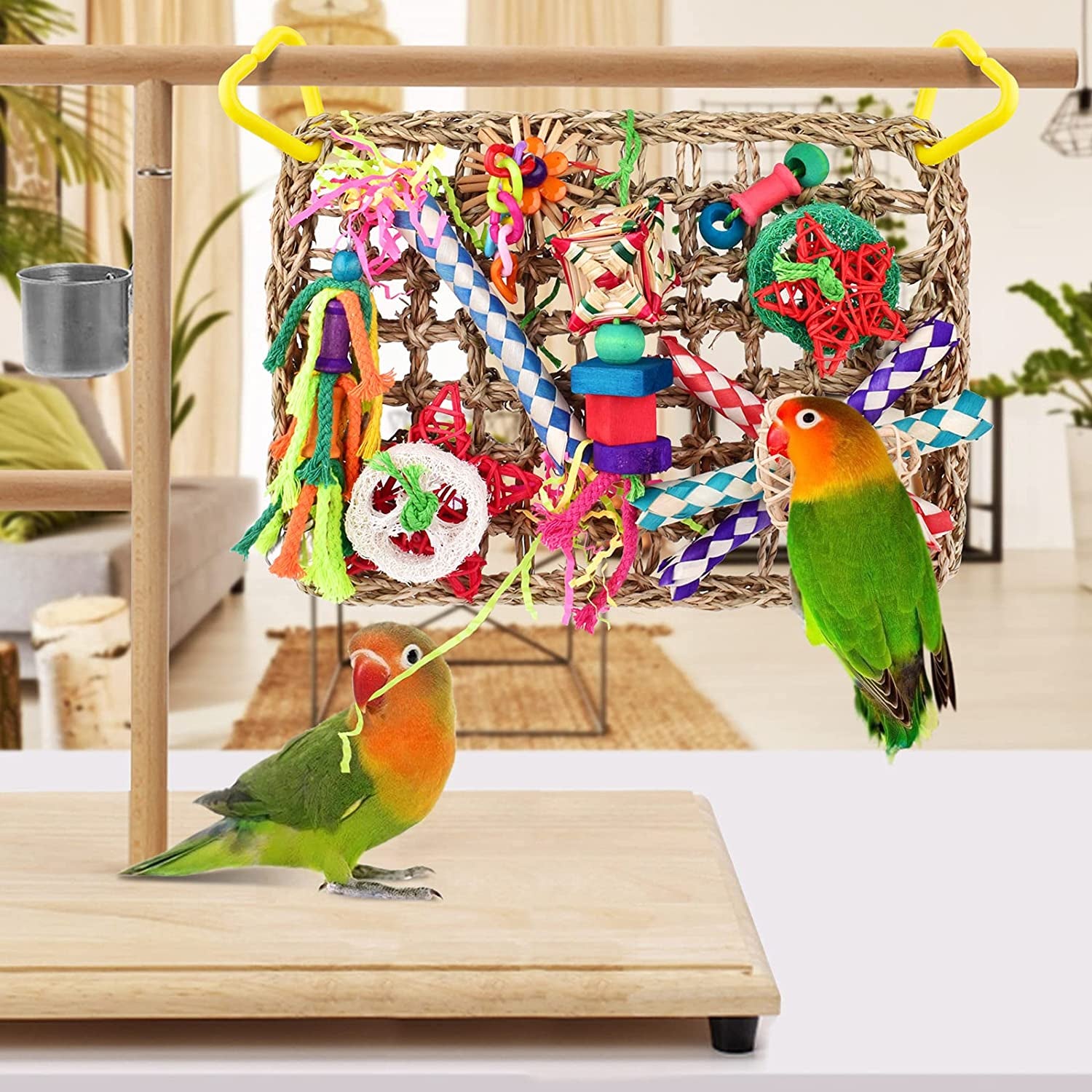 Bird Toys, Bird Foraging Wall Toy, Edible Seagrass Woven Climbing Hammock Mat with Colorful Chewing Toys, Suitable for Lovebirds, Finch, Parakeets, Budgerigars, Conure, Cockatiel