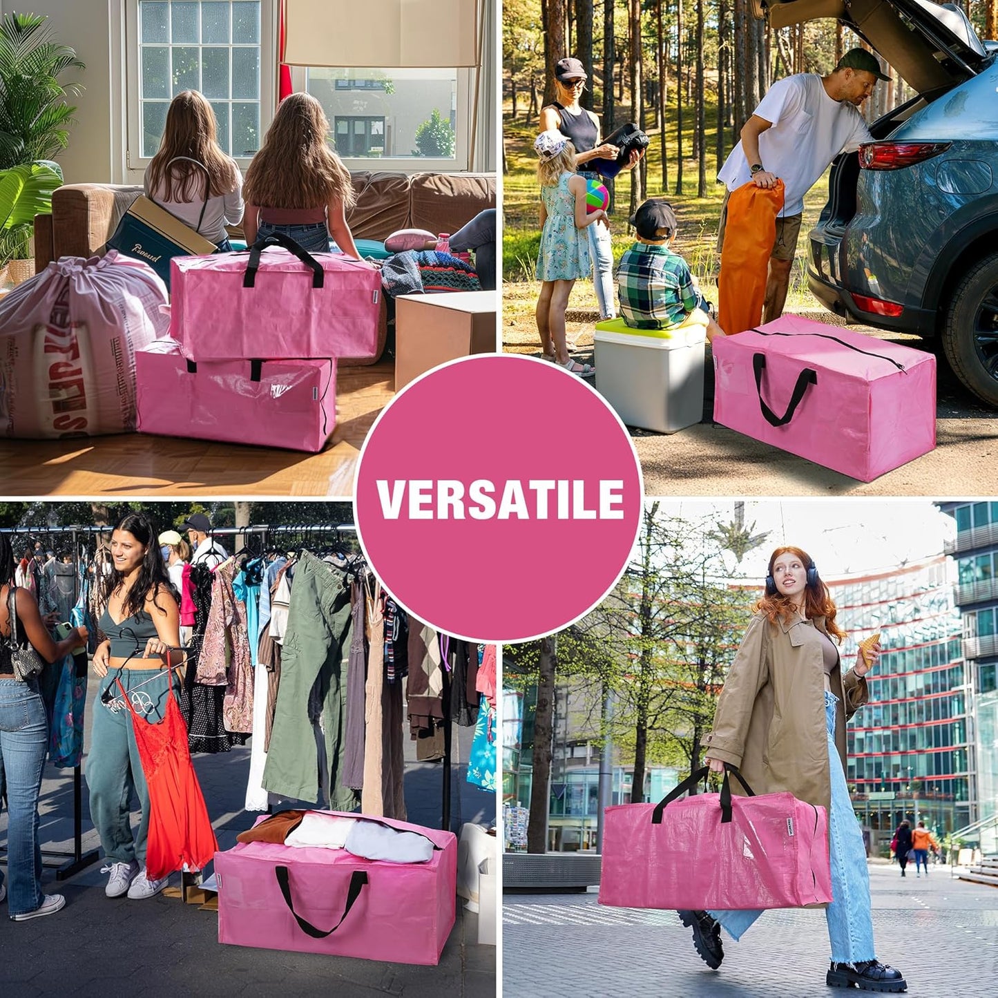 6 Pack Extra Large Moving Bags with Zippers & Carrying Handles Backpack Straps, Heavy-Duty Storage Tote for Space Saving Moving Storage - Pink