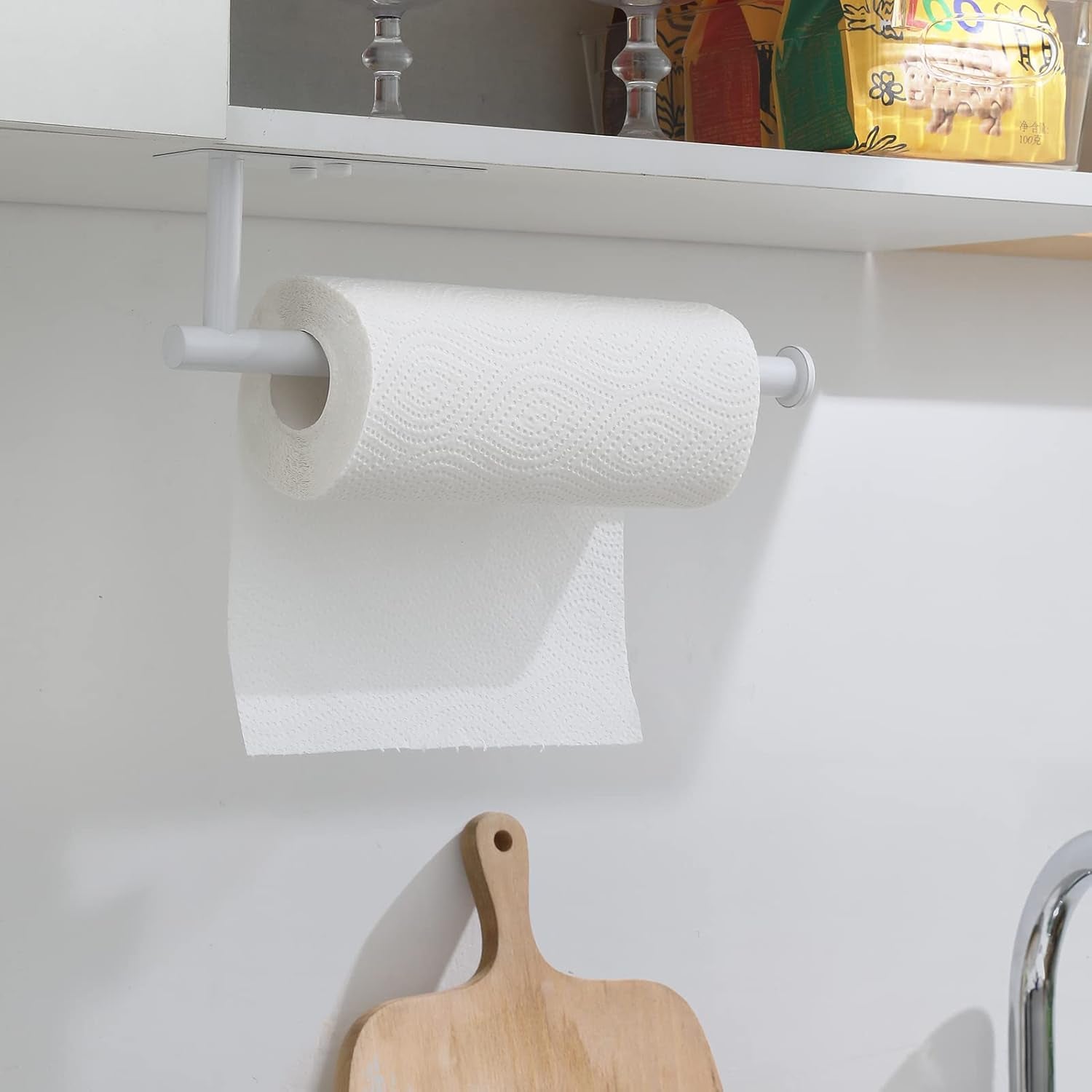 White Paper Towel Holder - under Cabinet Paper Towel Holder for Kitchen, Adhesive Paper Towel Roll Rack for Bathroom Towel, Wall Mounted Matte Black Paper Towel Rack, SUS304 Stainless Steel