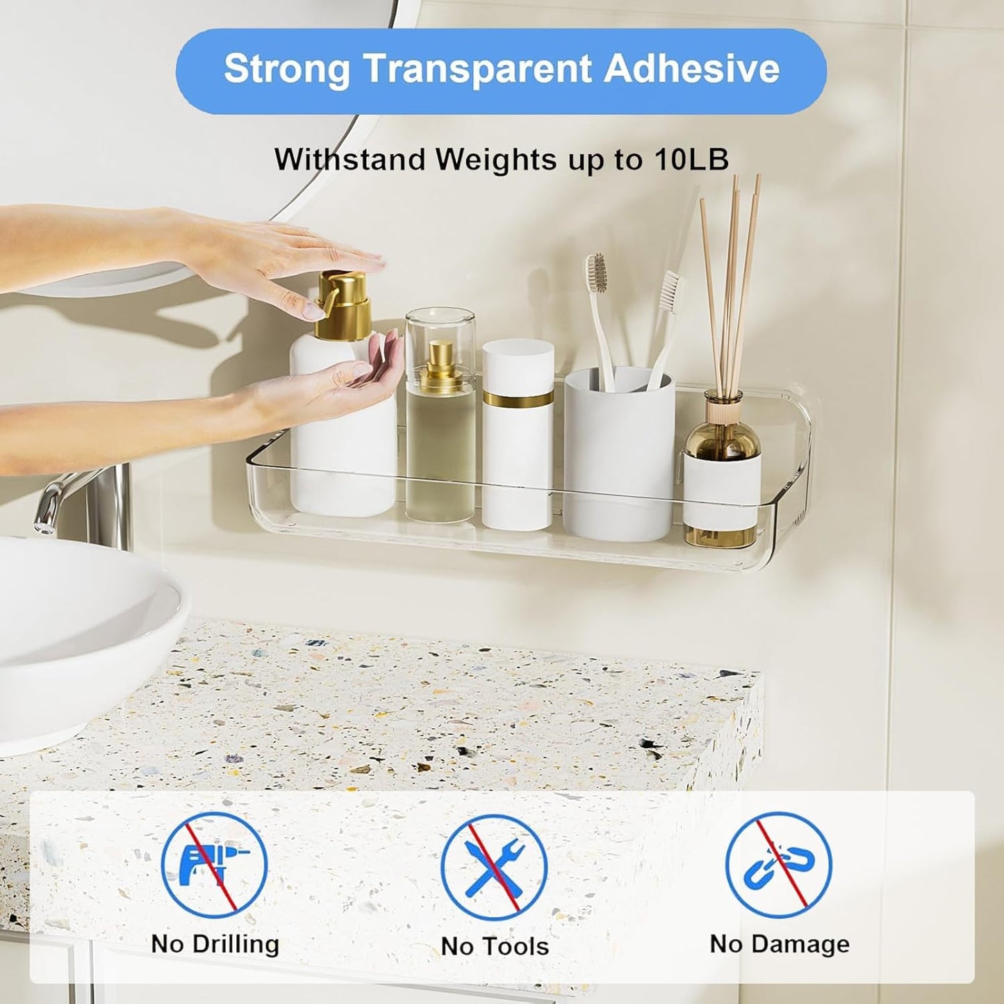 Acrylic Wall Mounted Shower Caddy, Clear, 12.4" X 3.42" X 3.26" Acrylic Shelf, No Drilling Hang Walls Adhesive Shelf, Acrylic Bathroom Shelves with Self Adhesive Tape for Bathroom, Kitchen