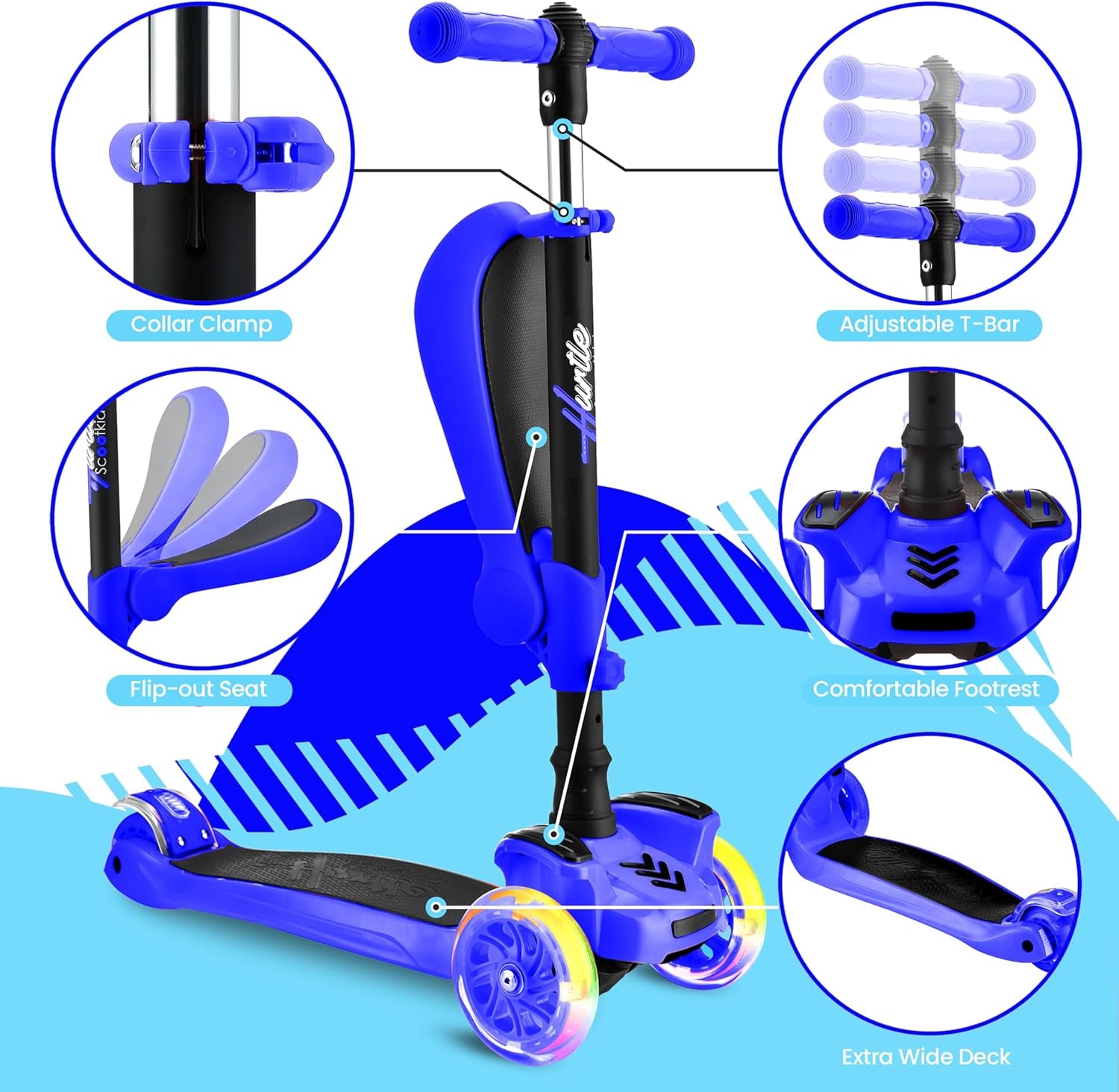 3-Wheeled Scooter for Kids - Wheel LED Lights, Adjustable Lean-To-Steer Handlebar, and Foldable Seat - Sit or Stand Ride with Brake for Boys and Girls Ages 1-14 Years Old