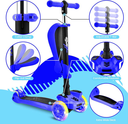 3-Wheeled Scooter for Kids - Wheel LED Lights, Adjustable Lean-To-Steer Handlebar, and Foldable Seat - Sit or Stand Ride with Brake for Boys and Girls Ages 1-14 Years Old