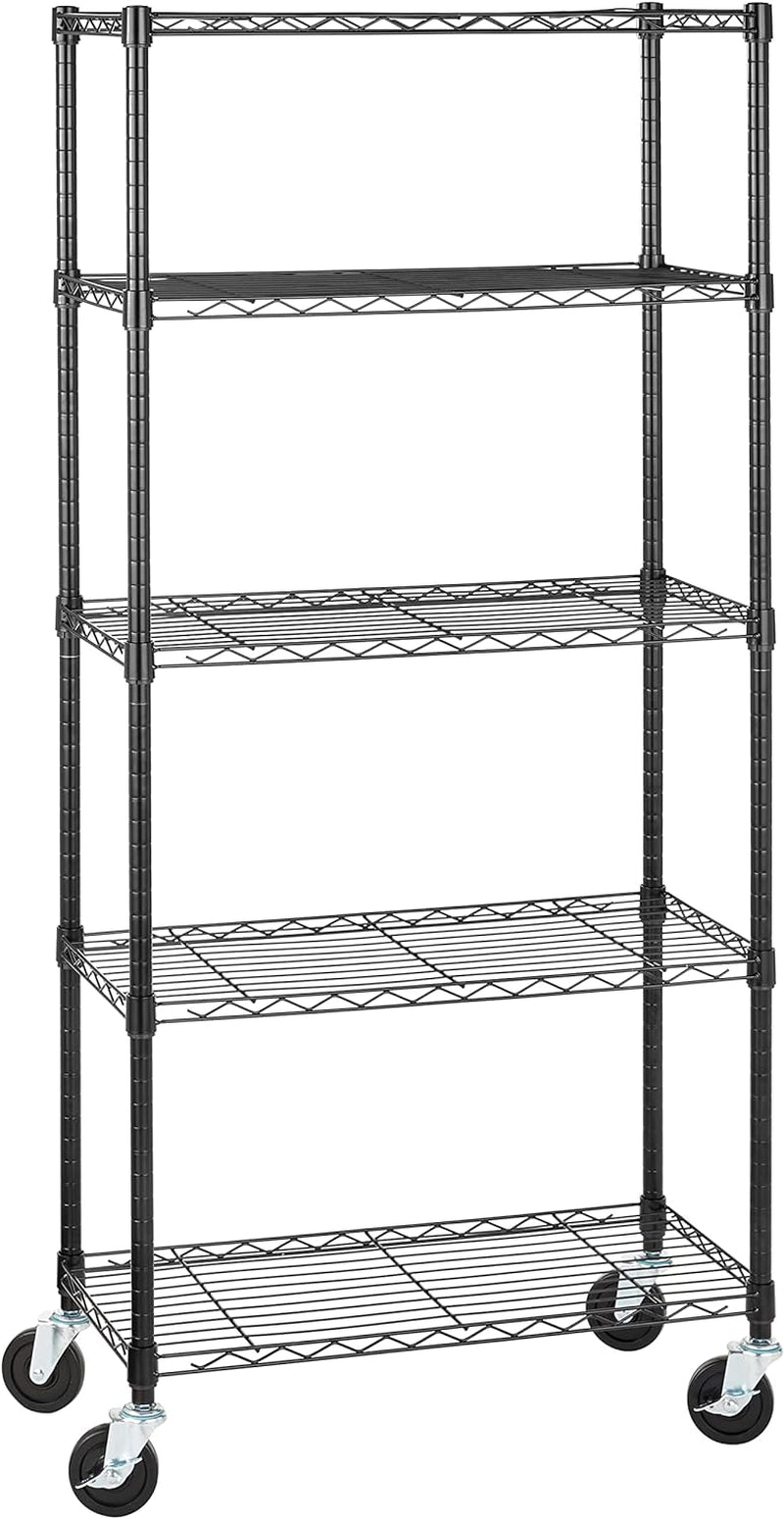 5-Shelf Adjustable, Heavy Duty Storage Shelving Unit on 10Cm Wheel Casters, Metal Organizer Wire Rack, Black (76L X 36W X 164H) Cm