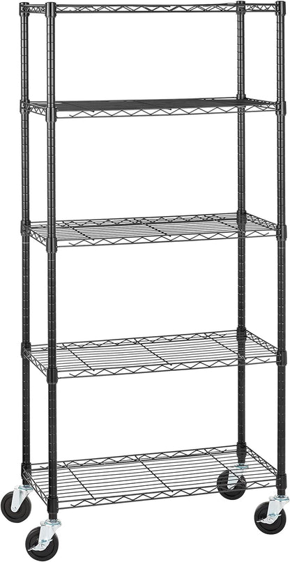 5-Shelf Adjustable, Heavy Duty Storage Shelving Unit on 10Cm Wheel Casters, Metal Organizer Wire Rack, Black (76L X 36W X 164H) Cm