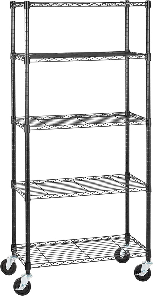 5-Shelf Adjustable, Heavy Duty Storage Shelving Unit on 10Cm Wheel Casters, Metal Organizer Wire Rack, Black (76L X 36W X 164H) Cm