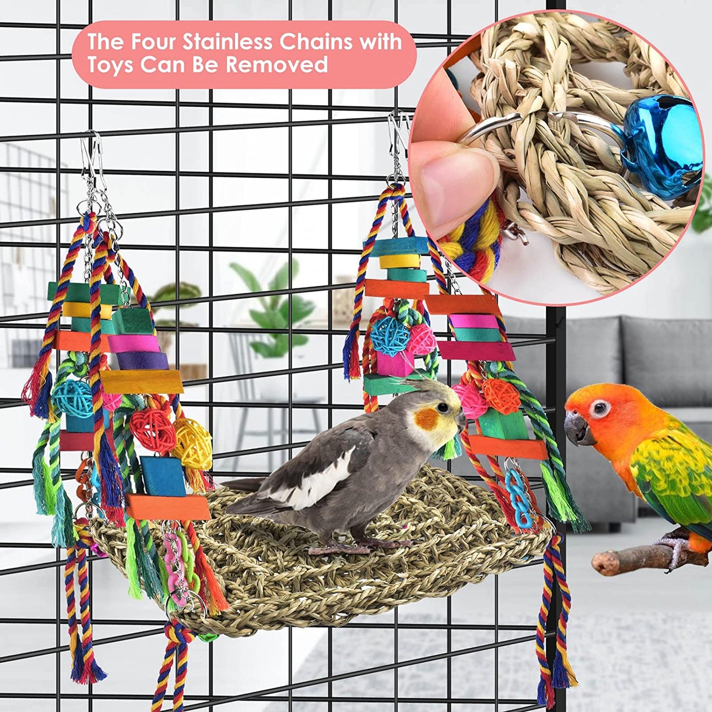Bird Toys, Bird Foraging Wall Toy Large Size Seagrass Woven Climbing Hammock Swing Mat with Colorful Chewing Toys for Lovebird, Parakeet, Budgie, Conure, Cockatiel, Small Birds