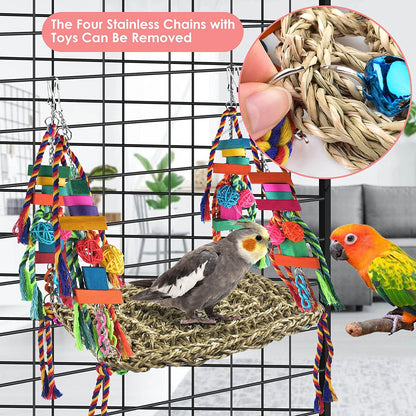Bird Toys, Bird Foraging Wall Toy Large Size Seagrass Woven Climbing Hammock Swing Mat with Colorful Chewing Toys for Lovebird, Parakeet, Budgie, Conure, Cockatiel, Small Birds