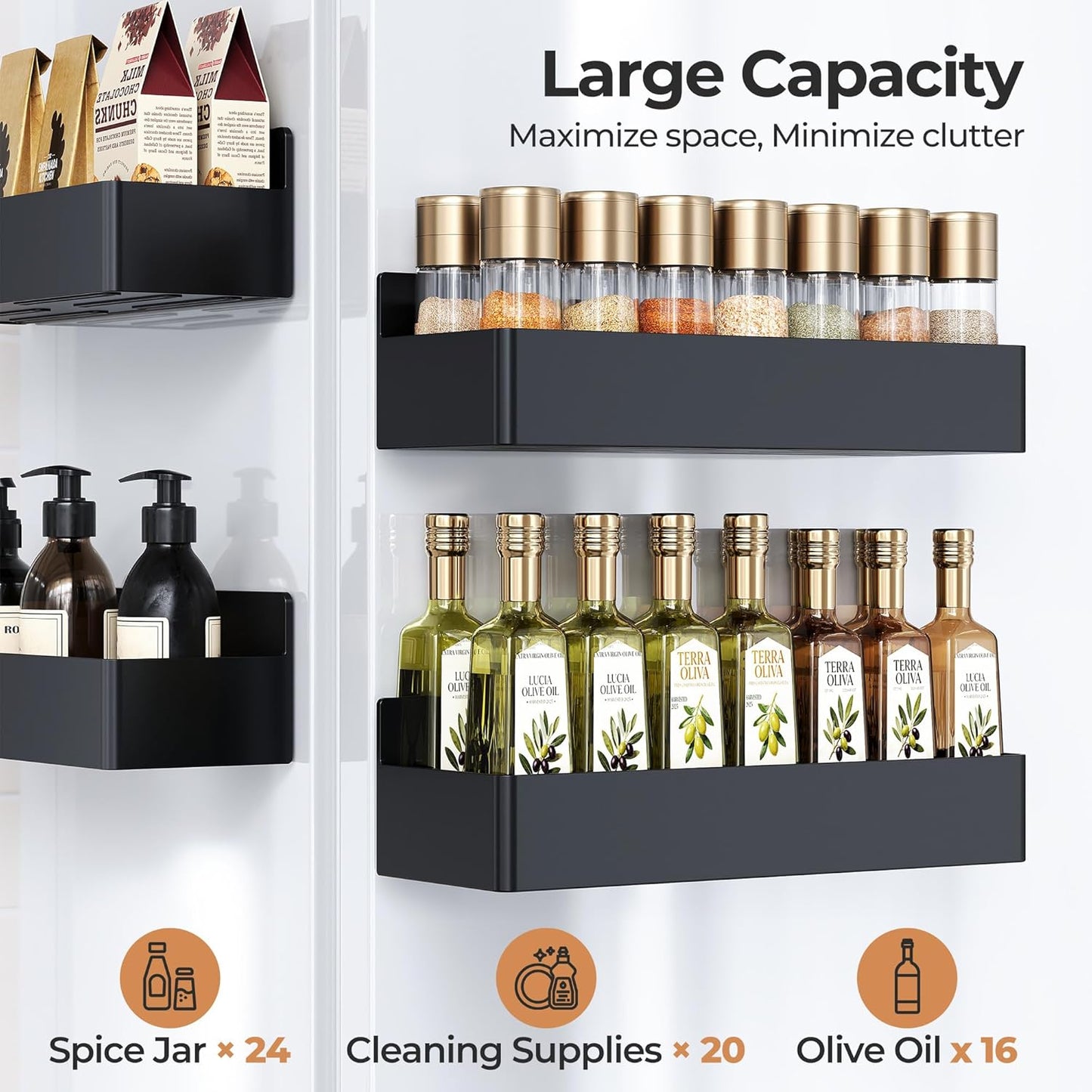 Magnetic Spice Rack for Refrigerator, Kitchen Organizer and Storage Shelf, Black (4 Pack)