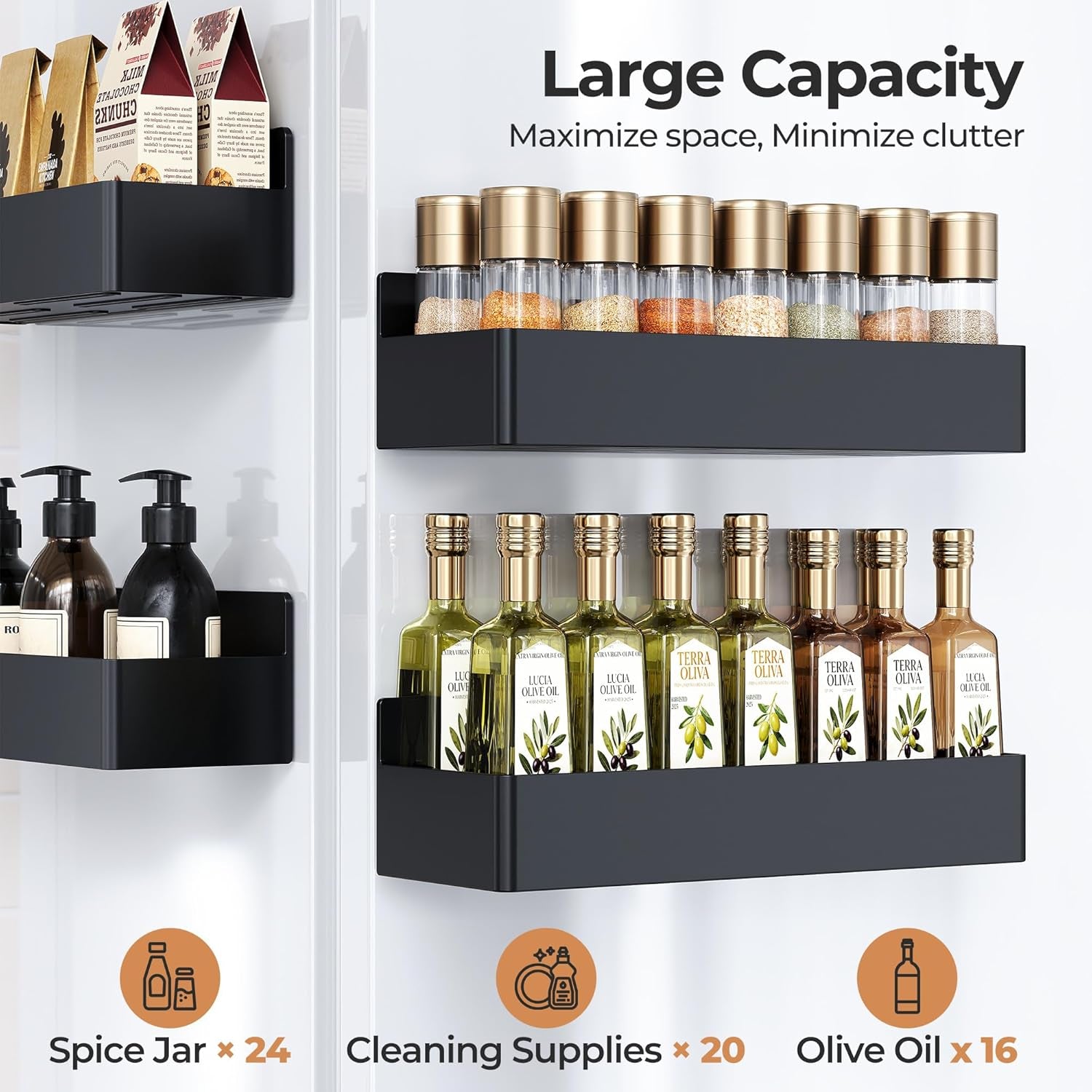 Magnetic Spice Rack for Refrigerator, Kitchen Organizer and Storage Shelf, Black (4 Pack)