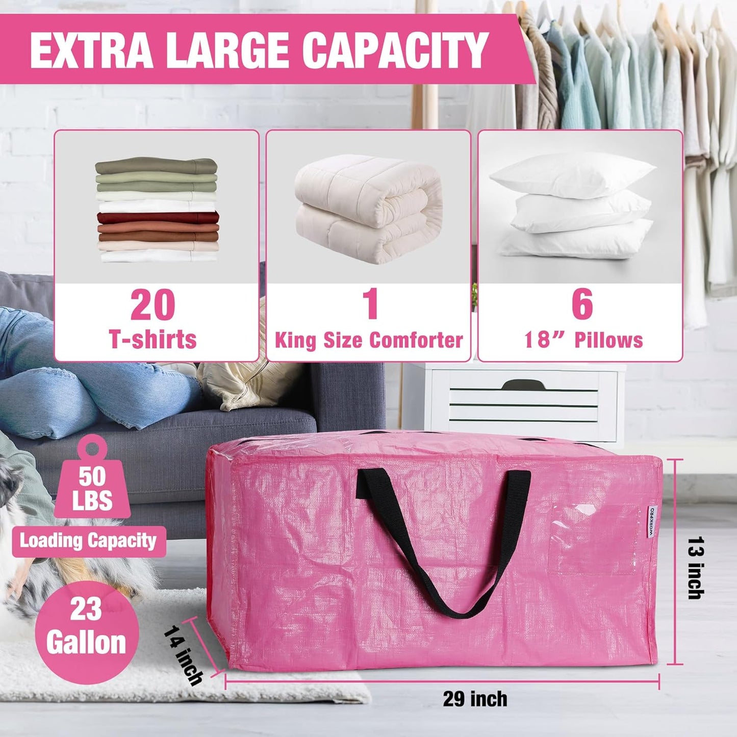 6 Pack Extra Large Moving Bags with Zippers & Carrying Handles Backpack Straps, Heavy-Duty Storage Tote for Space Saving Moving Storage - Pink