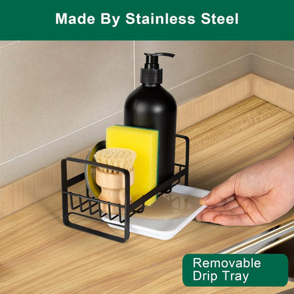 Sponge Holder for Kitchen Sink- Stainless Steel Kitchen Sink Caddy for Organizing Sponge, Brush & Soap Dish Dispenser, Kitchen Sink Organizer Rack with Adhesive or Counter Top, Black