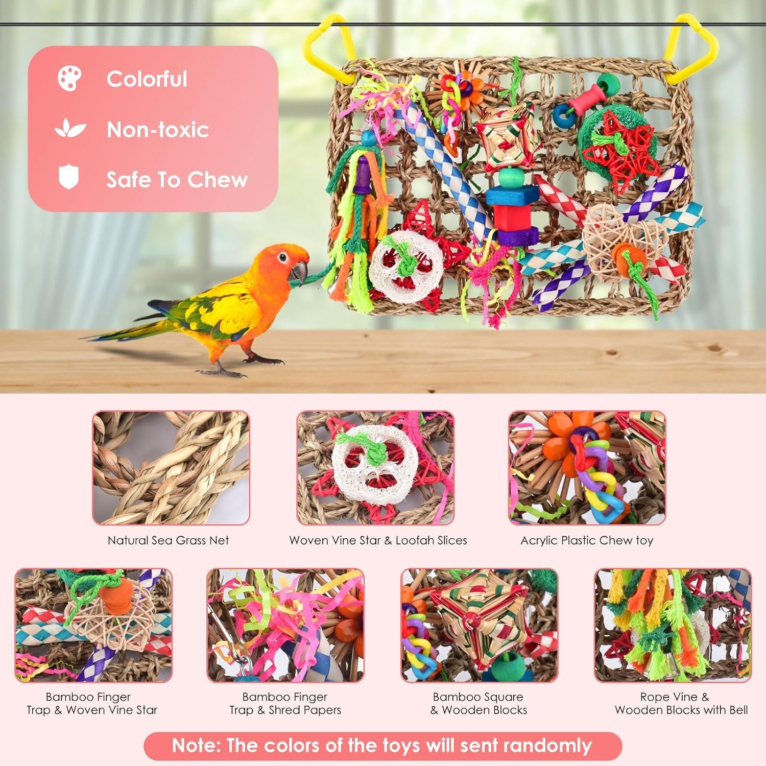 Bird Toys, Bird Foraging Wall Toy, Edible Seagrass Woven Climbing Hammock Mat with Colorful Chewing Toys, Suitable for Lovebirds, Finch, Parakeets, Budgerigars, Conure, Cockatiel