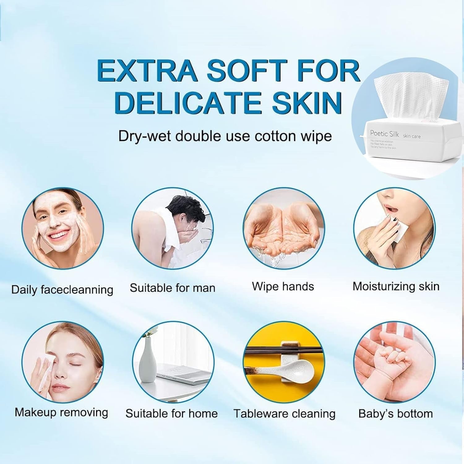 Disposable Face Towel, Cotton Tissue Soft Dry Wipes for Women, Simple Cleaning Facial Tissues Dry Wet Dual Portable Use for Sensitive Skin & Baby & Makeup Remover & Personal Care (6 PACK=600PCS)