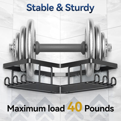 Heavy duty corner shower caddy with 40 pound load capacity